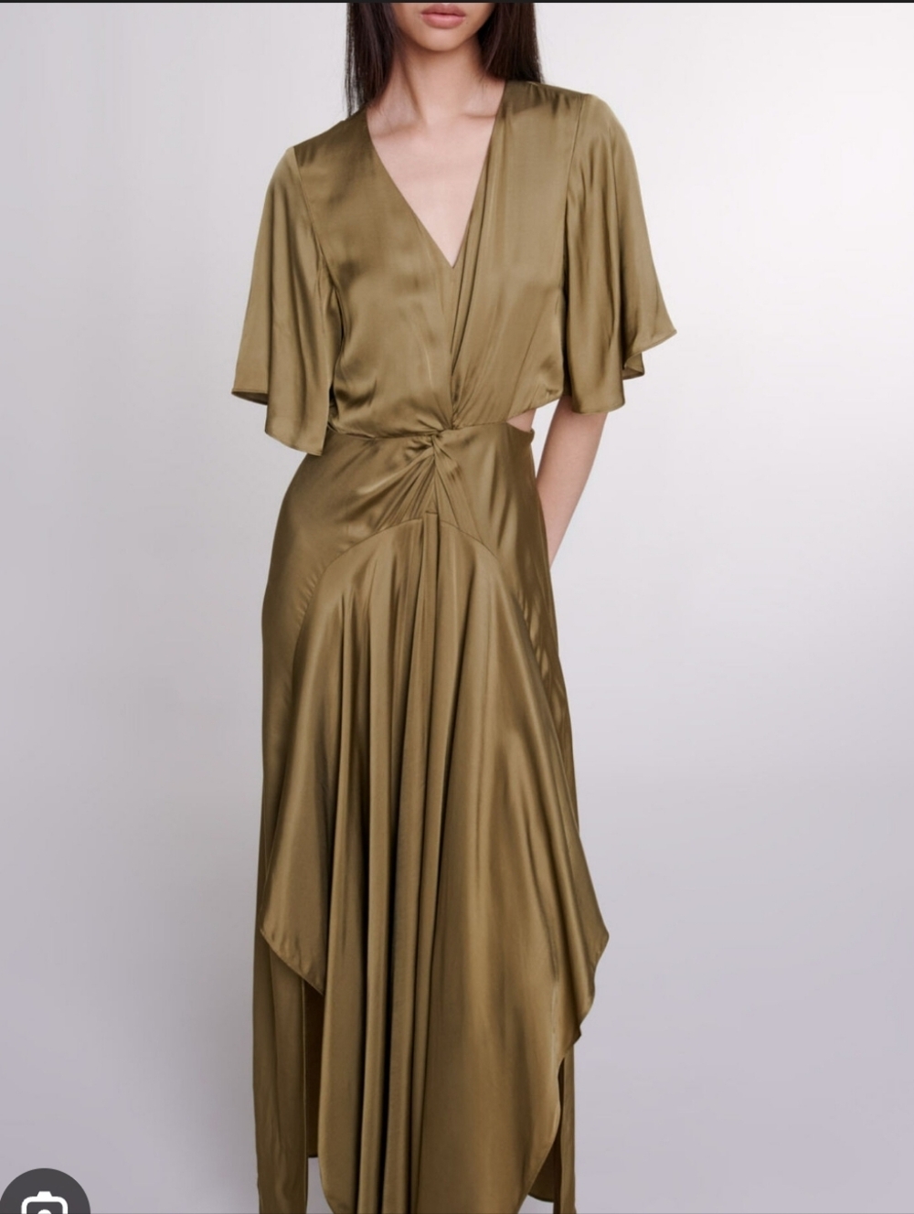 NWT Maje Satin Effect Maxi Dress In Khaki Color Size 36